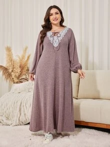 Lacomfia Women's Lantern Sleeve Embroidered Patchwork Casual Daily Versatile Autumn Pink Plus Size Dress - Pink - View 5