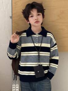 Dazy Kids Sweater Dalaman Lengan Panjang Tebal Berkerah Polo Warna Kontras untuk Anak Laki-laki (Ukuran Besar) Musim Gugur/Musim Dingin - Grey - View 4