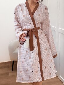 Napfluff Sweet Cute Bear Plaid Tie-Front Robe, Slouchy Colorblock Casual Loungewear - Khaki - View 5
