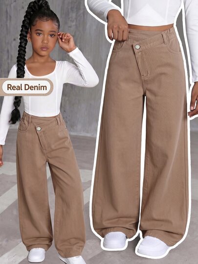SHEIN Girls' High-Waist Oblique Button Coffee Color Wide Leg Pants, American Retro Street Style Casual Elastic Waist Versatile Loose Straight Leg Denim Jeans
