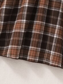 SHEIN 青少年女孩休閒格紋拼接長袖泡泡羊腿袖圓領前領結A字洋裝，秋冬款，柔軟時尚優雅 - 棕色 - 查看 5