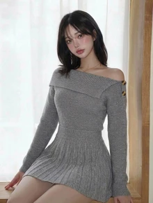 FRIFUL Women's Solid Color Asymmetrical Shoulder Casual Daily Knit Dress - Grey - View 4