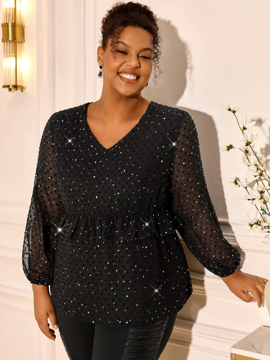 BrightlyHer Plus Size Women's Rhinestone Mesh V-Neck Waist Patchwork Ruffle Blouse - Black - View 1