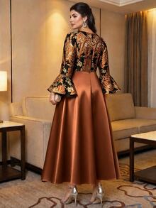 Auveirra Plus Size Women's Floral Jacquard Square Neck Flare Sleeve Elegant Dress Fall - Brown - View 2
