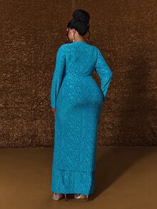 Maweii Plus Size Women's Elegant Textured Fabric Round Neck Long Sleeve Slim Fit Dress Fall - Blue - View 4
