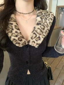DAZY Women's Elegant Leopard Print Button Long Sleeve Streetwear Sweater - Black - View 1
