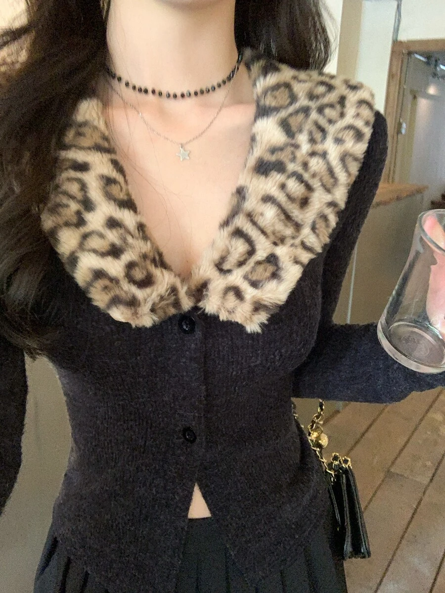 DAZY Women's Elegant Leopard Print Button Long Sleeve Streetwear Sweater - Black - View 1
