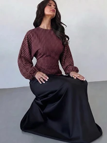Firerie 女款新款極簡優雅浪漫休閒都市通勤時尚百搭深酒紅條紋圓領蝙蝠袖長袖收腰繫帶X型修身襯衫，教師穿搭，秋季穿著 - 彩色 - 查看 3