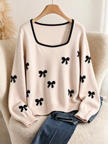 GlowEve CURVE Plus Size Women's Square Neck Bow Jacquard Versatile Pullover Sweater Top - Multicolor - View 1