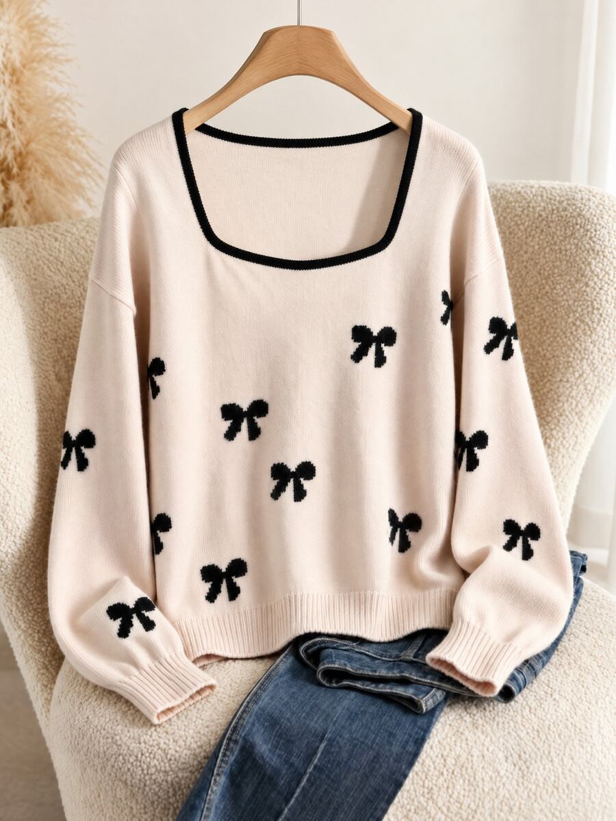 GlowEve CURVE Plus Size Women's Square Neck Bow Jacquard Versatile Pullover Sweater Top - Multicolor - View 1