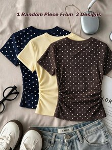 Teen Girls Casual Minimalist Polka Dot Print, Round Neck Waist Ruched Fitted Short Sleeve T-Shirt Suitable For Spring Summer Autumn Winter All Seasons Y2k, Easy Comfort, Tops, Chill, Polka Dot, Personalized Outfit, Daily Basic Matching - Multicolor - View 2
