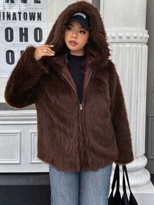 Easura 大尺碼女款時尚人造毛拉鍊連帽外套，秋冬款 - 巧克力棕 - 查看 3