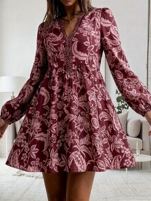 SHEIN LilyWest 女款秋冬新款印花蕾絲飾邊洋裝 - 酒紅色 - 查看 5