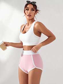 Sovereign Charm Women's Minimalist Striped Colorblock Sports Shorts - Pink - View 5