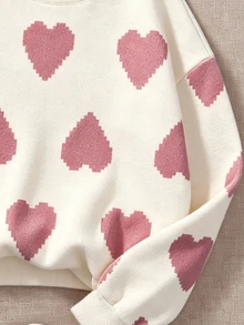 Tween Girl Casual Minimalist Loose Round Neck Comfortable Long Sleeve Sweatshirt, Suitable For Autumn/Winter, Classic Pixel Heart Pattern Print - White - View 6