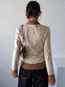 FRIFUL Women's Colorblock Stand Collar Long Sleeve Casual Versatile T-Shirt - Brown - View 4