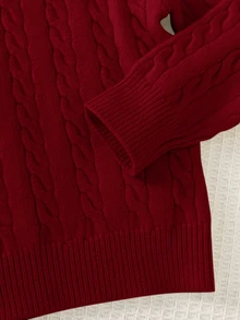 SHEIN Kids Young Boy Knit Solid Color Cable Knit Crew Neck Casual Autumn Winter Sweater, Classic Stripes, Small Horse Logo - Burgundy - View 5