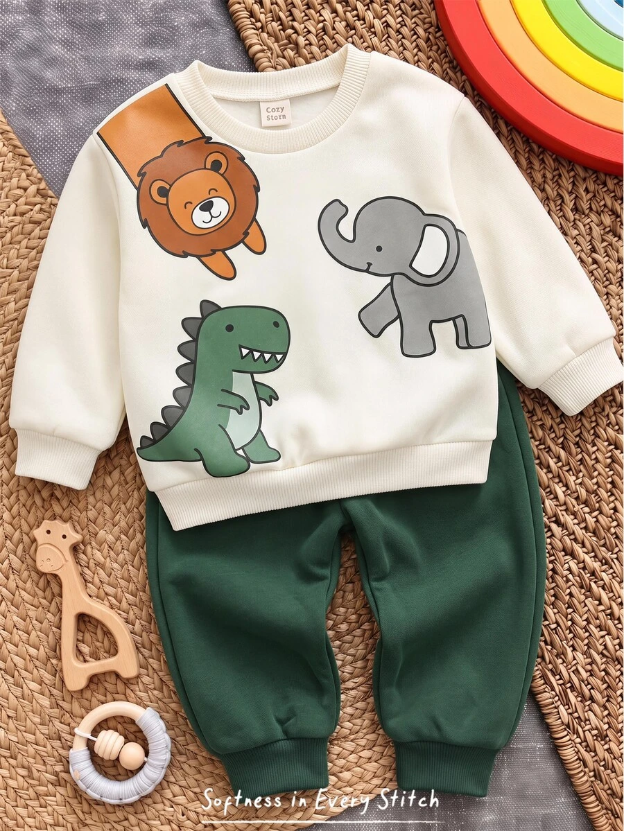 Cozy Pixies Sweatshirt Bayi Laki-laki Motif Dinosaurus 3D Kartun Lembut Leher Bulat Lengan Panjang Pullover Musim Gugur B - Krem - View 1