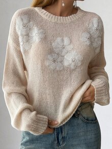 Livesso Women's Autumn/Winter Applique Decor Round Neck Drop Shoulder Long Sleeve Casual Sweater - Beige - View 1
