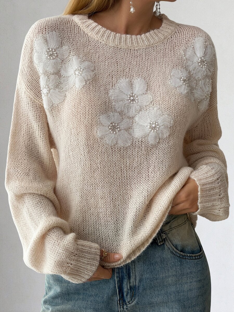 Livesso Women's Autumn/Winter Applique Decor Round Neck Drop Shoulder Long Sleeve Casual Sweater - Beige - View 1