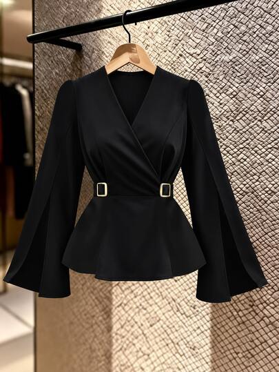 GlowEve CURVE Plus Size Women's Elegant V-Neck Long Sleeve Blouse, Deep V-Neck Metal Button Decor Shirt, Front Slit A-Line Design, Suitable For Daily Commute, Office, Party, Cocktail, Wedding Guest