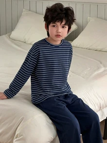 Dazy Kids Tween Boy Striped Long Sleeve Top And Pants Casual Daily Home Sleepwear Set - Navy Blue - View 6
