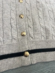 SHEIN LUNE CURVE Khaki Cable Knit Cardigan . Gold Buttons + Contrast Trim Plus Size Cardigan - Camel - View 8