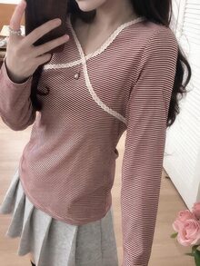 DAZY Women's V-Neck Striped Long Sleeve T-Shirt Fall - Burgundy - View 3
