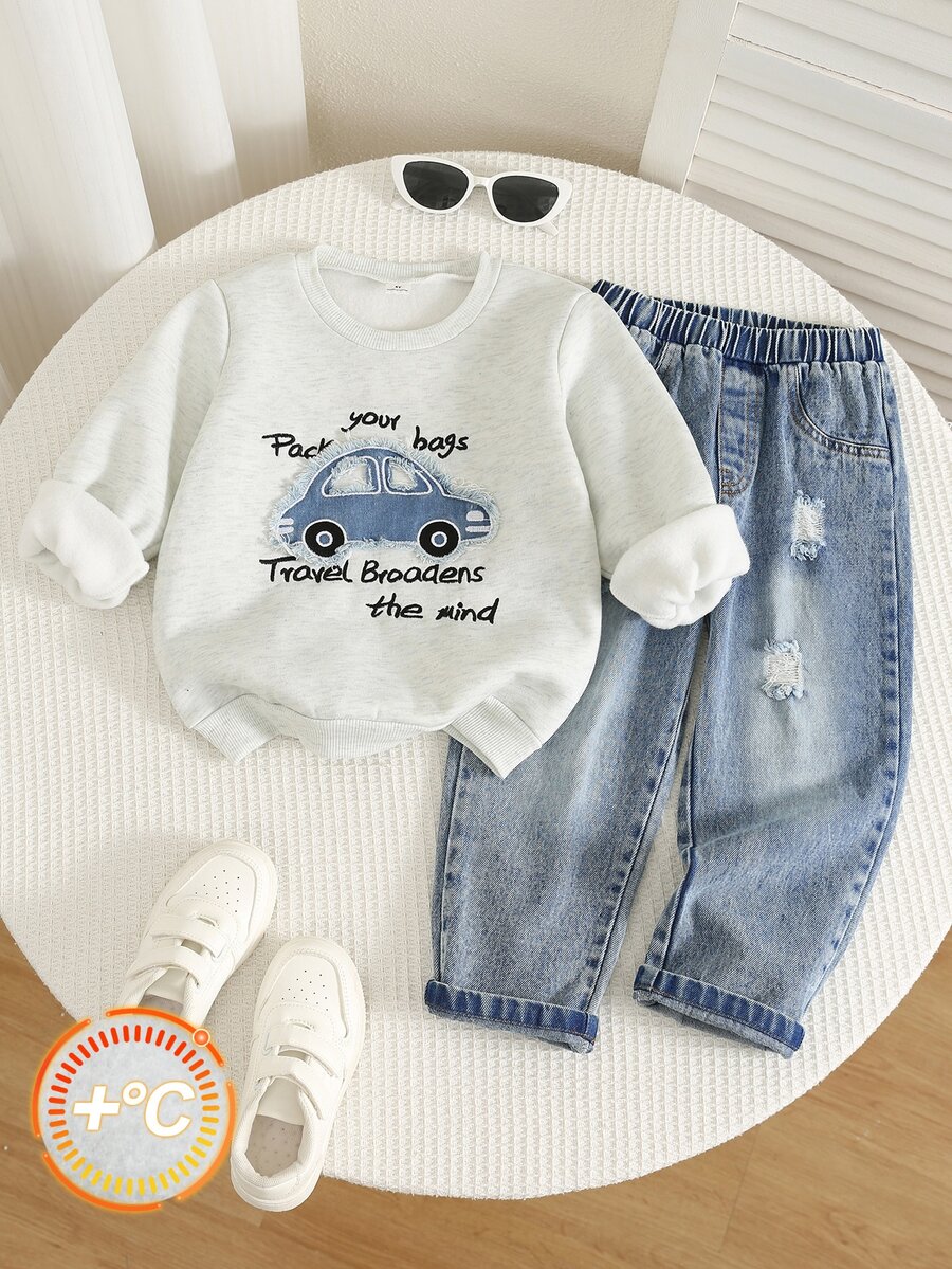 2pcs/Set Young Boy Toddler 2pcs Denimbaby Tracksuitbaby Winter Clothesjeans - Multicolor - View 1