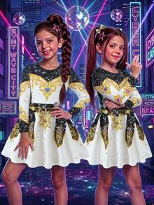 SHEIN 女童針織特殊效果印花掛脖休閒洋裝 - 白色 - 查看 1