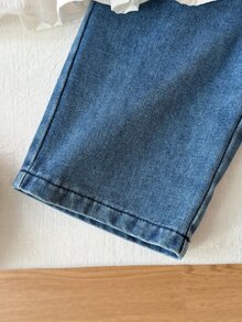 SHEIN 2件組女嬰甜美粉色蝴蝶結2合1羅紋長袖上衣直筒牛仔長褲休閒套裝秋季 - 粉色 - 查看 6