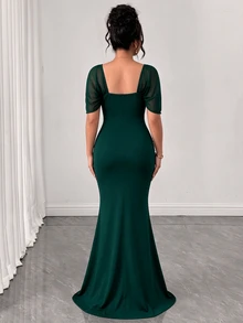 Elenzga Plus Size Women's Solid Color Elegant Draped Waist Floor Length Maxi Dress - Green - View 2