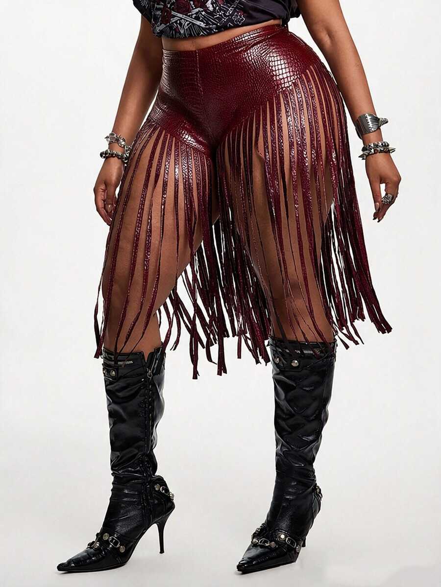 Maweii Plus Size Fashion Sexy Tassel Elastic Leather Shorts - Red - View 1