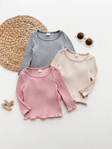 SHEIN 女嬰針織素色圓領休閒T恤上衣3件組，隨機3件，僅含上衣 - 黑色 - 查看 5