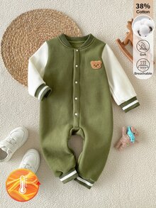 SHEIN 1件嬰兒幼兒連身衣，學院風熊刺繡貼布，對比色長袖抓絨連身褲，日常穿著，秋冬款 - 軍綠色 - 查看 4