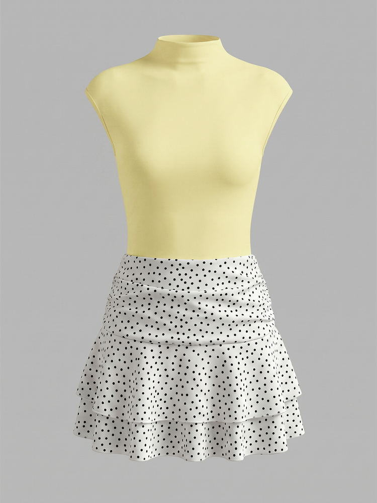 Resyla Women's Solid Stand Collar Jumpsuit And White Black Polka Dot Ruffle Hem Mini Skirt 2 Pieces Set Brunch Vacation Summer Cute Elegant - Beige - View 3