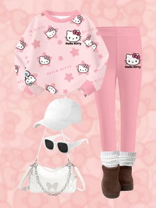 HELLO KITTY AND FRIENDS | SHEIN طقم ملابس كاجوال يومي للبنات الصغيرات، بلوزة رياضية بأكمام طويلة وبنطال رياضي بطبعة كرتونية - أبيض - مشاهدة 7