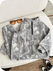 SHEIN 2件組男童刷毛加厚立領口袋運動上衣與素色長褲，冬季運動套裝，適合秋季 - 彩色 - 查看 1