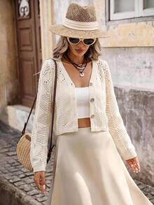 Brillora Hollow Out Pointelle Knit V Neck Button Front Cropped Cardigan,Daily Commute,Vacation,Shopping,French Chic,Vacation Style - Khaki - View 3
