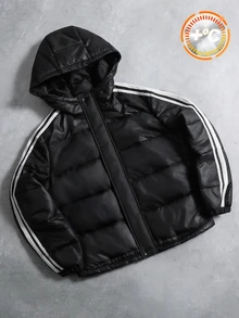 SHEIN 兒童青少年男孩保暖內裡加厚黑色夾克，秋冬款，絎縫外套，冬季外套，派克大衣，填充外套，填充外套，絎縫外套 - 黑色 - 查看 5