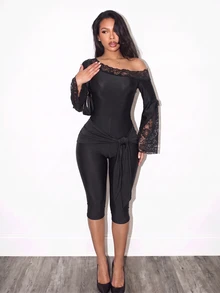 BamGleam Women's Asymmetrical Shoulder Lace Patchwork Casual Daily Jumpsuit - Black - View 1