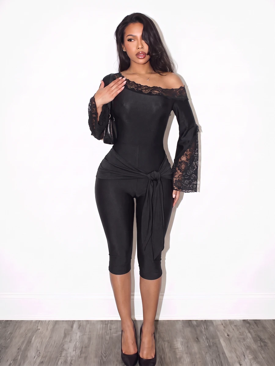 BamGleam Women's Asymmetrical Shoulder Lace Patchwork Casual Daily Jumpsuit - Black - View 1