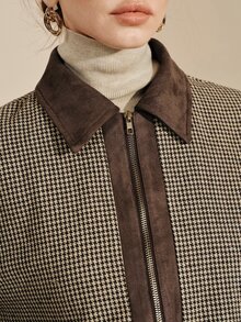 Arave Áo khoác nữ dáng ôm thẳng vải tweed màu nâu họa tiết răng sói vintage, khóa kéo kim loại, viền phối màu tương phản, phong cách đi làm mùa thu, trang phục Giáng Sinh cho nữ - màu nâu - Xem 5