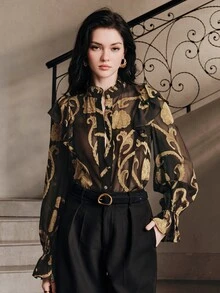 Anewsta Modern Vintage Style Long Sleeve Blouse With Ruffle Collar Design For Women - Black - View 4