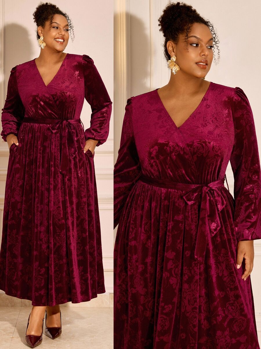 BrightlyHer Plus Size Burgundy Jacquard Belted Knotted V Neck Half Sleeve Dress Christmas Beach Formal Dinner Party Spring Summer 2026 Elegant - Burgundy - View 1