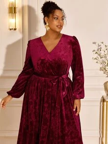 BrightlyHer Plus Size Women V-Neck Pleated Casual Daily Summer Dress - Burgundy - View 7