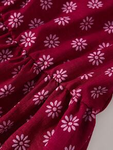 Rusticease Plus Size Button Crew Neck Long Sleeve Pleated Dress - Burgundy - View 8