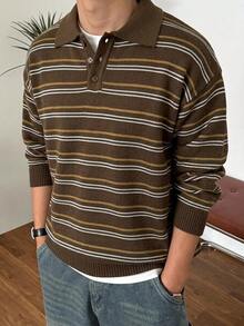 DAZY 秋冬款棕色、黃色、米色條紋 Polo 領男士毛衣 - 棕色 - 查看 3