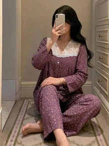 DAZY 2pcs/Set Women's Pajama Set, Lace Patchwork Sweet Floral Loose Long Sleeve Top And Straight Leg Long Pants - Purple - View 5
