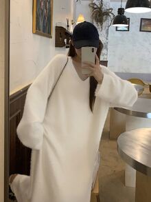 DAZY Women's Solid Color V-Neck Long Sleeve Casual Loose Knit Dress - Beige - View 8